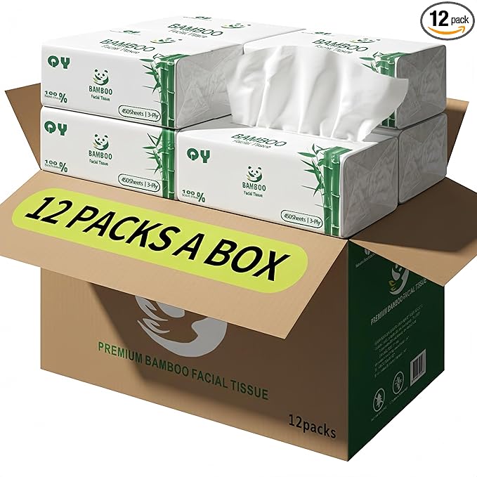 Soft Durable Bamboo Facial Tissues - 3 Ply bleached Facial Paper Dry or Wet Use 12 Packs(150 Tissue per Pack, 1800 Tissues Total）