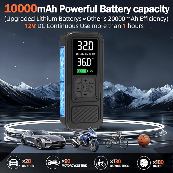 Y34 Tire Inflator Portable Air Compressor,4X Faster Inflation,10000mAh Cordless/12V DC 150PSI Air Pump for Car Tires with Digital Pressure Gauge/LED Light for Car,Motorcycle,Bike,Ball