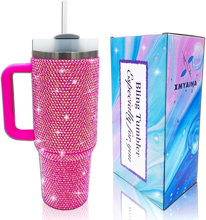40oz Bling Tumbler with Handle and Straw Lid Rhinestone Studded Tumbler Cups Vacuum Insulated Stainless Steel Double Wall Water Bottle Travel Mug Gifts for Women Her (Hot Pink)