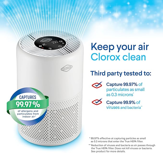 Clorox Turbo Air Purifiers for Home, True HEPA Filter, Quickly Cleans Small Rooms Up to 613 Sq Ft, Reduces 99.9% of Mold, Viruses, Wildfire Smoke, Allergens, Pet Allergies, Dust, Whisper Quiet