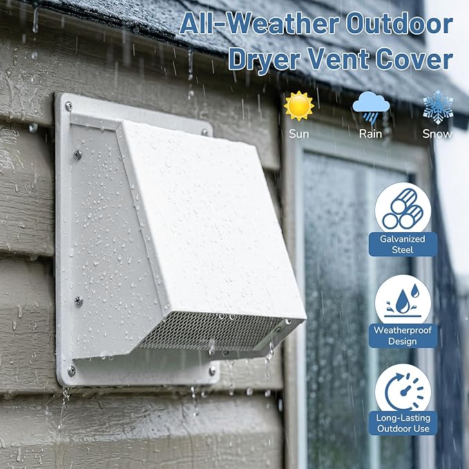 6 Inch Dryer Vent Cover Outside, Galvanized Steel Exterior Hooded Wall Vent Cover with Removable Screen & Cushioned Backdraft Flap, Exhaust Vent for House Through-Wall Dryer Vent Kit (White - 6 Inch)