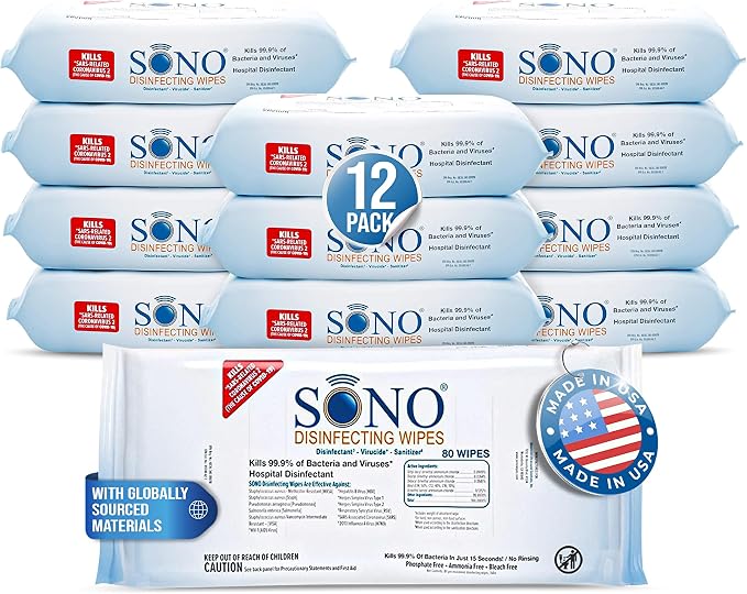 SONO Disinfecting Wipes - Medical-Grade, Alcohol-Free, No Bleach - Multi-Surface Cleaning Wipes for Home, School, Office - Pilates 960 Count (Pack of 12) 80 count packs