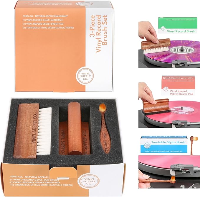 3-in-1 Ultimate Vinyl Record Cleaning Kit 100% All-Natural Sapele Mahogany Wood Vinyl Cleaning Kit - Goat Hair Vinyl Record Brush, Velvet Brush Pad, & Stylus Brush Cleaner