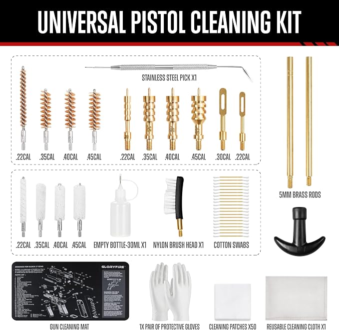 GLORYFIRE Universal Gun Cleaning Kit Fits .22 .357/9mm .38 .40 .45 Cal Handguns & Pistols Compact Carrying Case for Portability Multiple Styles with Brass or Plastic Jags & Tips for Shooting and Range
