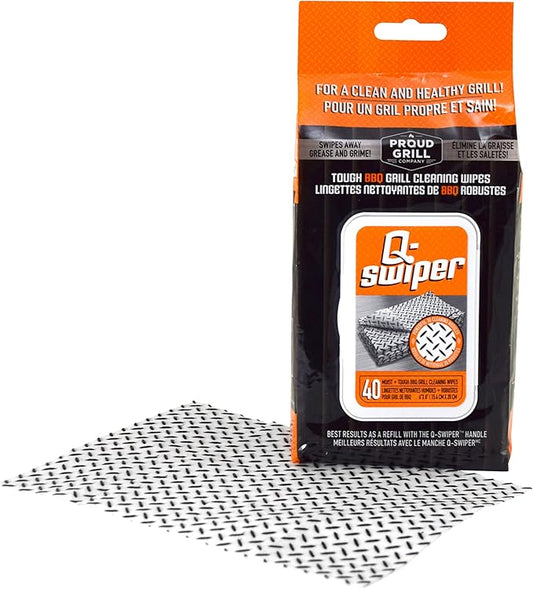 Proud Grill Q-Swiper Grill Cleaning Wipes - Bristle & Wire Free BBQ Cleaner, Heavy Duty Degreaser Wipes, Grease & Grime Remover for Outdoor Barbecue Grills, 40 Count, 1-Pack