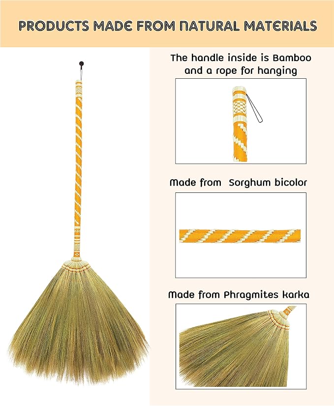 Asian Straw Broom Thai for Cleaning Floor,Housewarming Gift,Thai Vintage Retro Grass Broom Stick, Hardwood Sweeper with Brush Power and Circle Cleaning (Length 40 inch)