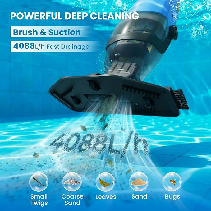 Handheld Pool Vacuum for Above Ground Pool, 18 GPM Powerful Suction, 60 min Runtime, 120μm Fine Filter, 4-Section Pole, Pool Cleaner for Leaves, Sand and Debris, Ocean Blue