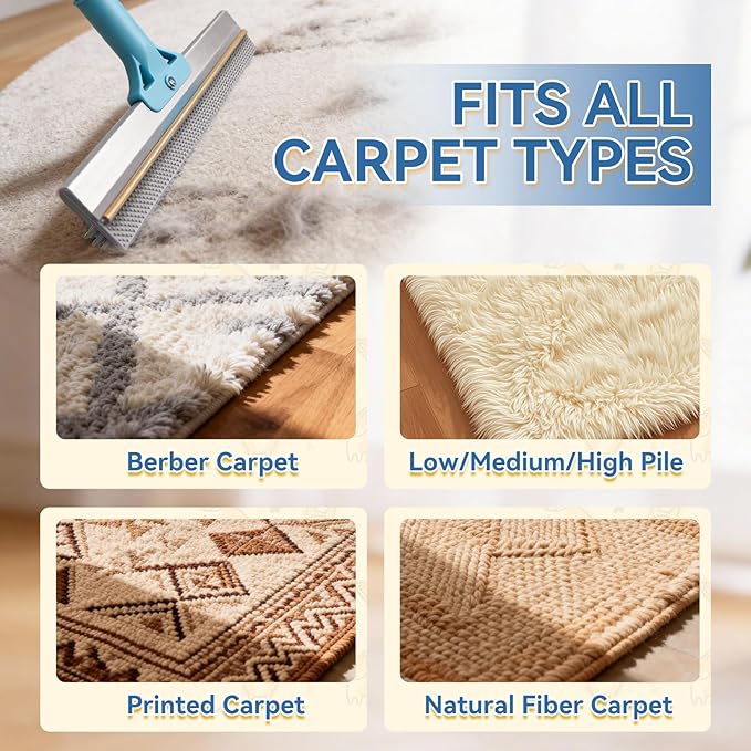 BFNN Carpet Rake for Pet Hair Removal | Reusable Dual-Action Carpet Broom Tool with Metal Scraper & Silicone Brush | 54" Adjustable Handle | 3Pcs Cat & Dog Fur Cleaning Kit for Rugs, Couch & Furniture