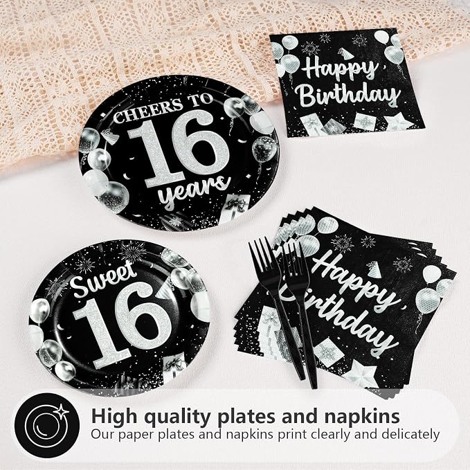 96Pcs 16th Black and Silver Birthday Party Supplies Cheers to 16 Years Plates and Napkins Disposable Sweet Black 16th Birthday Tableware Set for 16 Years Old Graduation Party Serves 24
