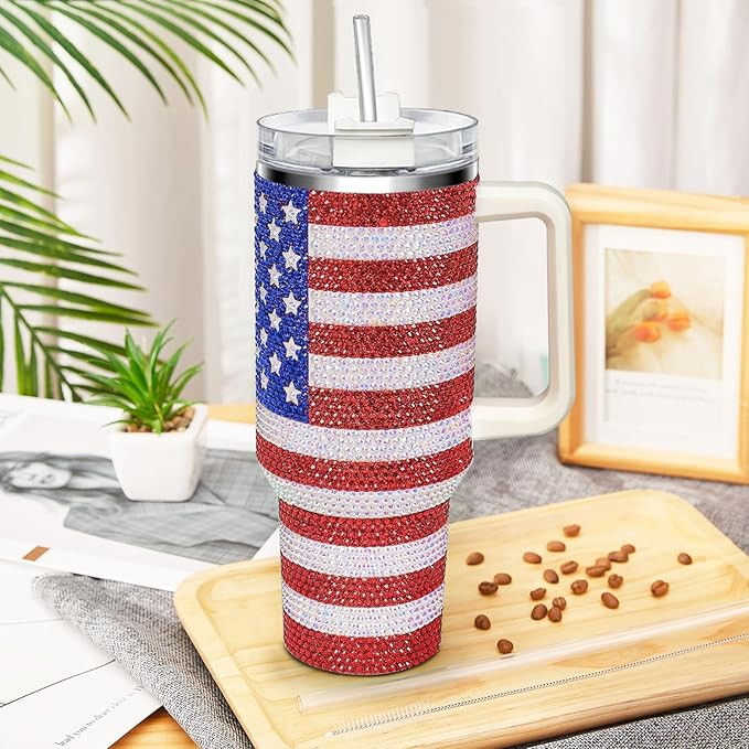 HWISDMIG 40oz Tumbler with Handle-Glitter Rhinestones Tumbler Bling Cups Stainless Steel Water Bottle Diamond Studded Tumbler for Women-Birthday Gifts for Women, Mom, Wife, Girlfriend (Usa Flag)
