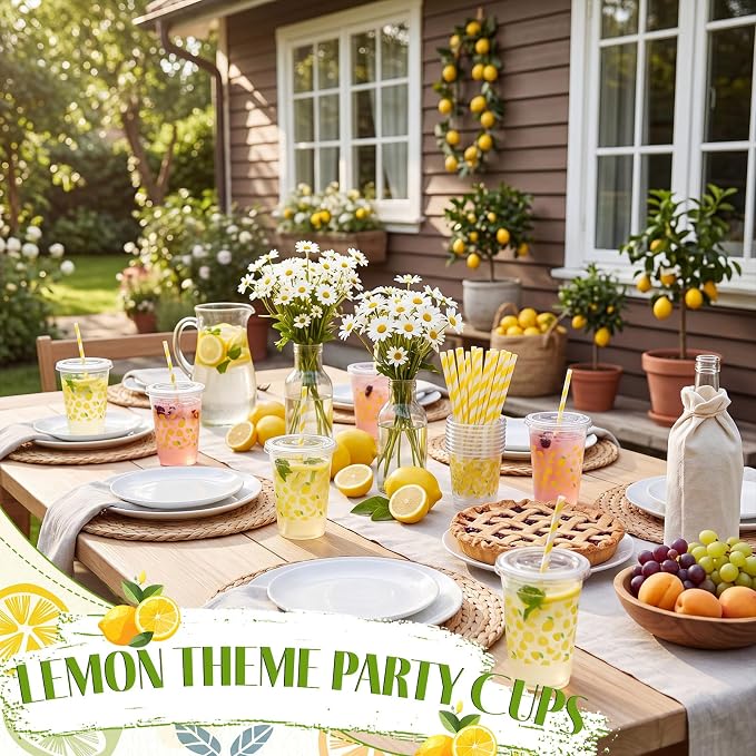 Domensi 25 Sets Lemon Themed Plastic Cups with Lids and Paper Straws 12oz Yellow Lemon Disposable Drinking Cups Bulk for Cold Drinks Baby Shower Wedding Summer Theme Birthday Party Supplies
