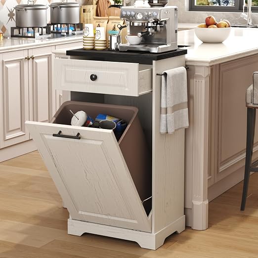 Function Home Trash Can Cabinet, 13 Gallon Tilt Out Trash Cabinet, Wooden Kitchen Garbage Can with Hideaway Drawer, Pet Proof Trash Can Holder for Kitchen Living Room, Antique White with Black Top