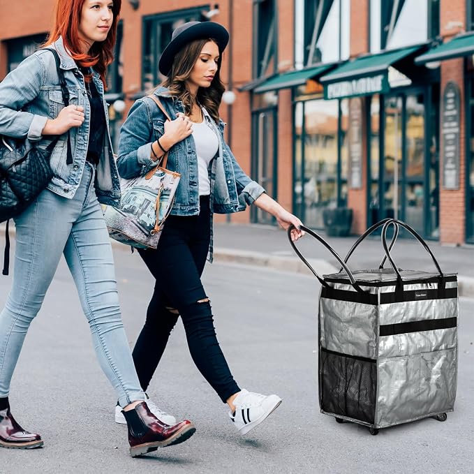 Reusable Grocery Bag On Wheels Large Capacity Shopping Trolley Foldable Rolling Tote with Outside Pocket, Heavy Duty Handle (Silver, Medium)
