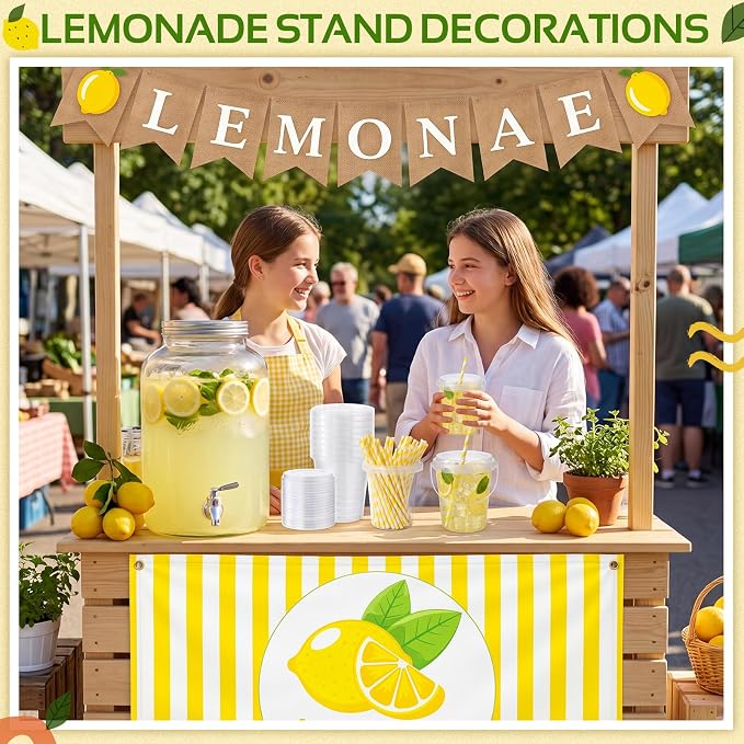 Funnymoom 84 Pcs Lemonade Stand Supplies 34 oz Plastic Lemon Cups with Lid and Straws Lemonade Burlap Banner Tablecloth Stainless Steel Muddler for Summer Lemon Birthday Party Decoration