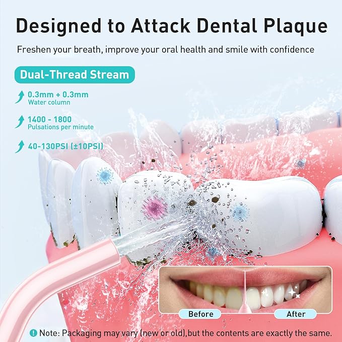 COSLUS Water Dental Flosser Teeth Pick C20: Portable Cordless Oral Irrigator 300ML Rechargeable Travel Irrigation Cleaner IPX7 Waterproof Electric Flossing Machine for Teeth Cleaning, Pink
