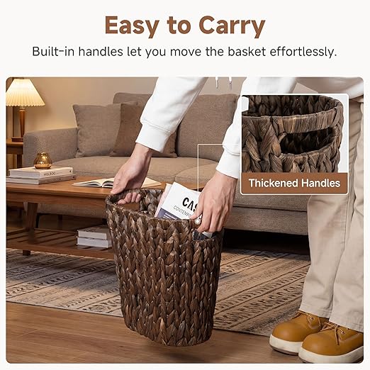 StorageWorks 4.5 Gallon Slim Bathroom Trash Can with Built-in Handles, Decorative Wicker Waste Basket for Bathroom and Bedroom, Office Garbage Cans for Bedroom, Narrow Trash Bin for Decor, Brown