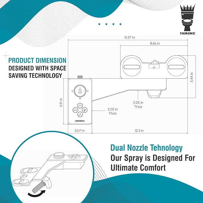 Throne Bidet Attachment - USA Patented - Non-Electric Self Cleaning Water Sprayer Toilet Bidet Seat Attachment, Double Nozzle (Frontal & Rear Wash), Easy Install (Black)