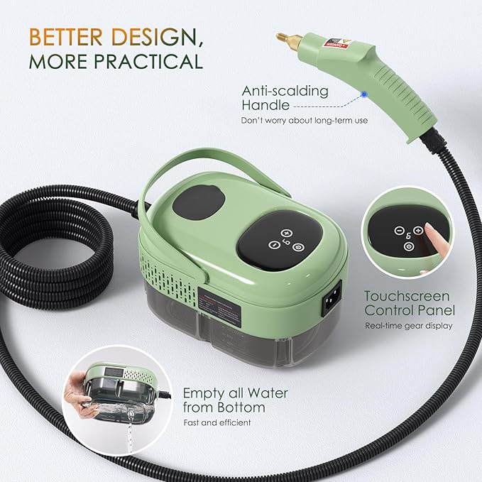 2500W Steam Cleaner, High Pressure High Temperature Steam Cleaning Machine, 1000ml, 3 Bar with 3 Brush Heads (Green)