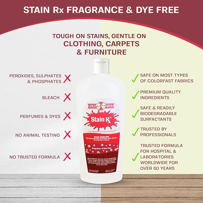 Stain Remover, Effectively Eliminates Stains from Wine, Berries & Blood on Colorfast Fabrics, Carpets, Upholstery & Jewelry, Fragrance & Dye-Free, Bleach-Free, Peroxides & Phosphates, 16 oz