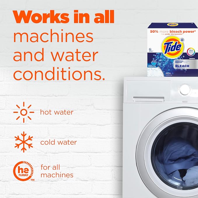 Tide Powder Laundry Detergent with Bleach, Original Scent, 89 Loads, 129 oz (Pack of 2)
