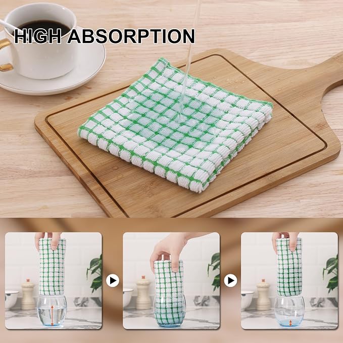 Kitinjoy Cotton 8 Pack Terry Kitchen Towels, 16 x 25 Inches Super Soft and Absorbent Dish Towels, Quick Drying Hand Towels for Kitchen Drying, Green