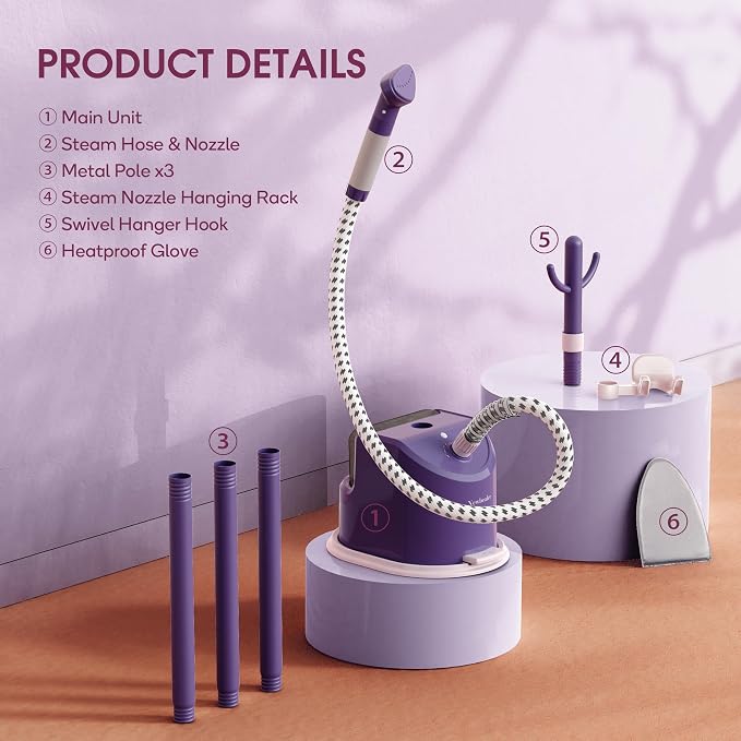 Newbealer Standing Garment Steamer 1500W Full-Size with Foot Pedal (Purple) | 1.7L Large Water Tank, 45s Fast Heat-Up, 50-Min Vertical Steaming, Auto-Off, for Home/Hotel/Laundry