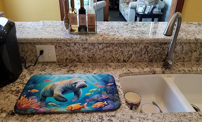 Caroline's Treasures Summer Manatee Dish Drying Mat Absorbent Dish Drying Mat Pad for Kitchen Counter Dish Drainer Mat for Countertop, 14 x 21", Multicolor