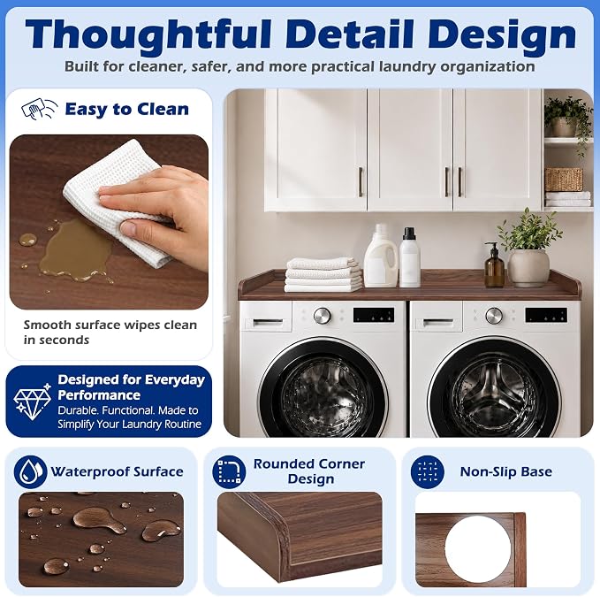 ROYXEN Washer Dryer Countertop, Laundry Countertop Solid Wood, Countertop for All Front-Loaded Washing Machine and Dryer, Extra Room for Laundry Room, Walnut Color