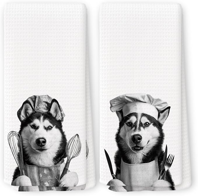 Funny Chef Siberian Husky Kitchen Towels Set of 2, Husky Lovers Gifts Dish Tea Towels for Kitchen, Dog Mom Dad Lovers Owner Gifts Decorative Hand Towel, 16x24 Inch