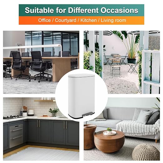 BestOffice 13 Gallon (50L) Trash Can with Lid Garbage Can Commercial Trash Can with Soft-Close Foot Pedal Fingerprint Proof Stainless Steel Trash Can for Kitchen Home Office Bedroom Bathroom, White