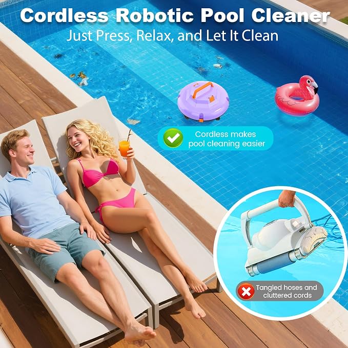 2026 Cordless Robotic Pool Cleaner - 120 Mins Automatic Pool Vacuum for Above Ground Pool & In - Ground Flat Pools up to 1000 Sq.Ft, Robot Pool Cleaner with Self - Parking Tech