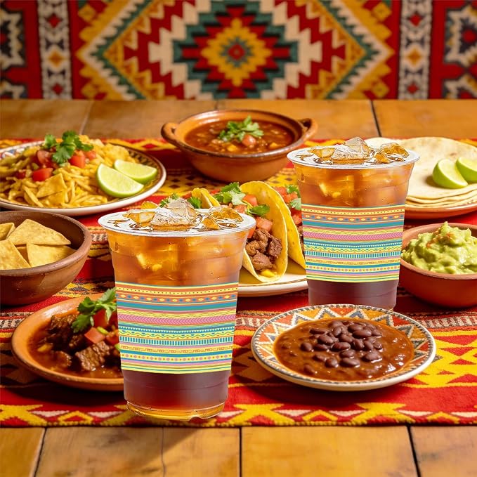 100Pcs Mexican Plastic Party Cups, 12oz Fiesta Disposable Clear Cups Margarita Cinco De Mayo Cup for Party Decorations, Mexico Taco Carnival, Birthday Party Drinking Supplies