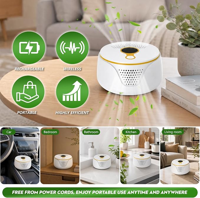 Cat Litter Odor Deodorizer, Cordless Rechargeable Ozone Air Purifier for Dog Poof and Kitty Litter Box, Pet Odor Eliminator with 3 Mode for Home, Kennel, Smoke, Car