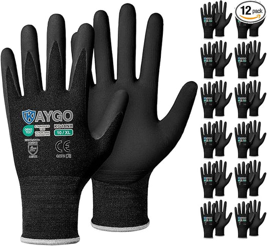 KAYGO Safety Work Gloves MicroFoam Nitrile Coated, 12 Pairs KG18NB,Seamless Knit Nylon Glove with full fingers Touchscreen, Ideal for Automotive,Warehouse,Construction (XL, Black)