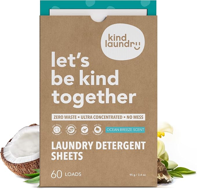 Kind Laundry Detergent Sheets – 60 Loads Ocean Breeze, EWG Verified, No Residue After Wash, Eco Plastic-Free Liquidless Laundry Soap, Non-Toxic Formula, for Sensitive Skin, Travel & Dorm Friendly