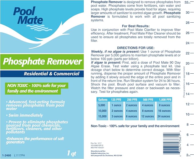 Pool Mate 1-Quart Premium Phosphate Remover Pool, Made in USA