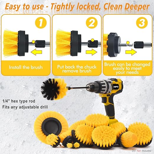 SHIELDPRO 18 Pack Drill Brush Attachment Set, Power Cleaning Scrub Brushes for Drill, Extend Long Attachment, All Purpose for Car Detailing, Bathroom, Carpet, Tile Grout, Sinks, Corners