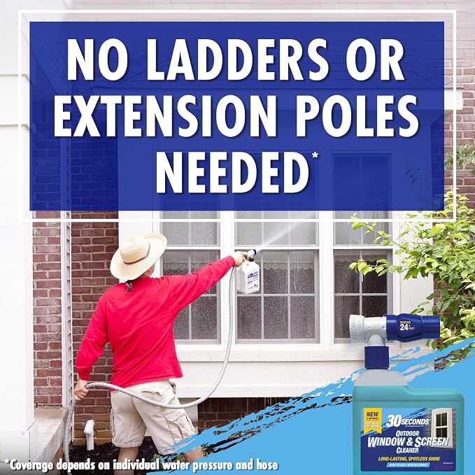 30 SECONDS Outdoor Window & Screen Concentrated Cleaner for Glass, Patio Doors, Fiberglass, Furniture - No Screen Removal Required, Spray & Rinse - Hose End Spray Attachment (5 PACK)