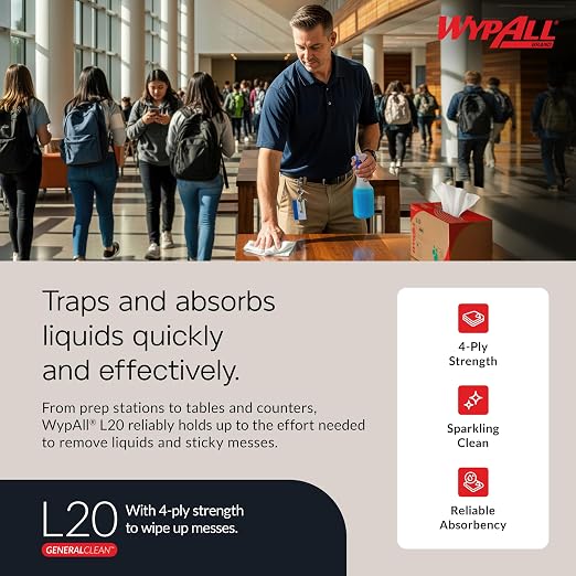 WypAll GeneralClean L20 Cloths Medium Cleaning Wipes (34607), Brag Box, Bulk Paper Wipers, White (1 Pack of 176 Sheets, 176 Sheet Total)