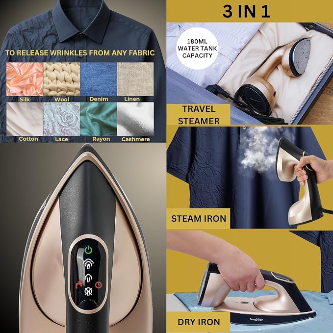 True & Tidy 2-in-1 Iron and Handheld Steamer, 1600W Dual Heating System with Ceramic-Coated Plate, LCD Display, No-Drip Technology, 3 Fabric Modes, Portable Garment Steamer for Home & Travel