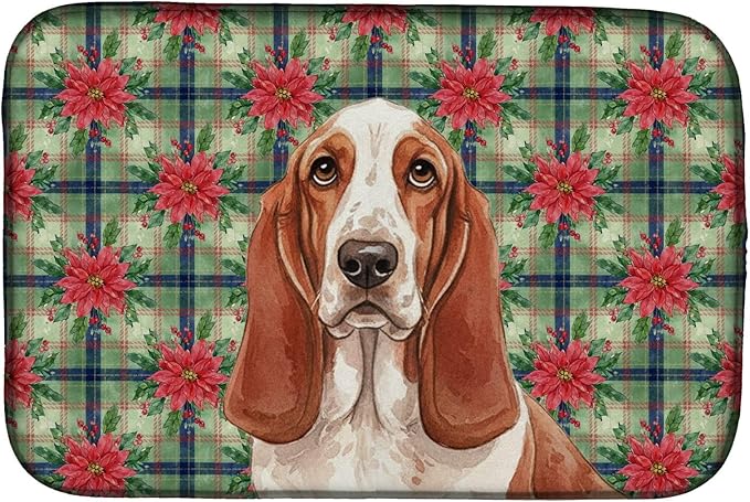 Caroline's Treasures Red and White Basset Hound Christmas PoinsettIas Dish Drying Mat Absorbent Dish Drying Mat Pad for Kitchen Counter Dish Drainer Mat for Countertop, 14 x 21", Multicolor