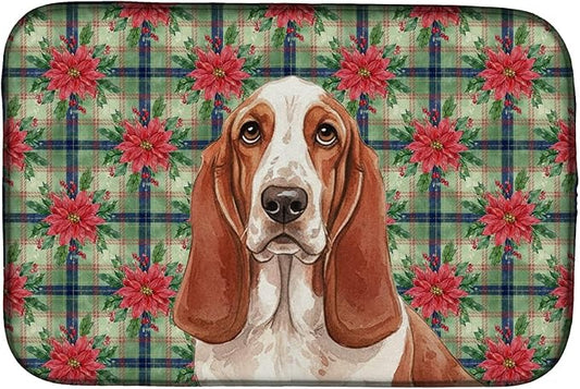 Caroline's Treasures Red and White Basset Hound Christmas PoinsettIas Dish Drying Mat Absorbent Dish Drying Mat Pad for Kitchen Counter Dish Drainer Mat for Countertop, 14 x 21", Multicolor