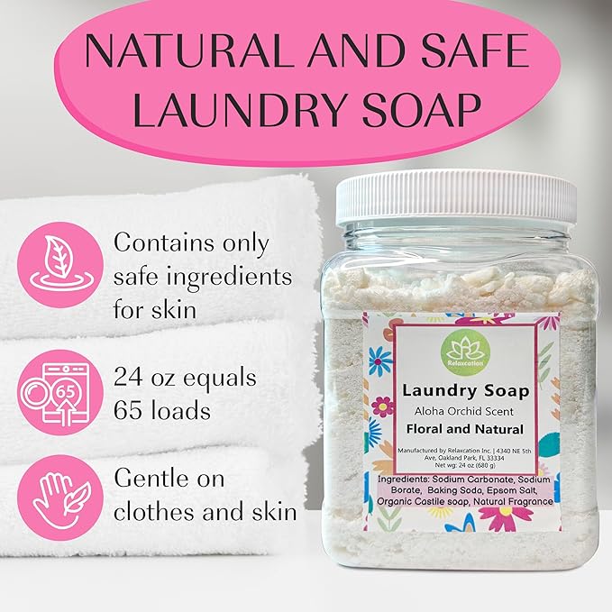 Natural Laundry Detergent Soap | Hypoallergenic Deep Cleaning Washing Powder | Eco-Friendly, Safe, and Effective BORAX, SODA ASH, EPSOM SALT, BAKING SODA and CASTILE SOAP (65 Loads) (Aloha Orchid)