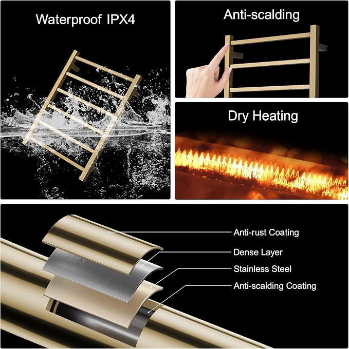 Electric Heated Towel Warmer - Wall Mounted Bathroom Towel Rack, Plug-in Design & Brushed Stainless Steel 6 Bar Gold with Single Press