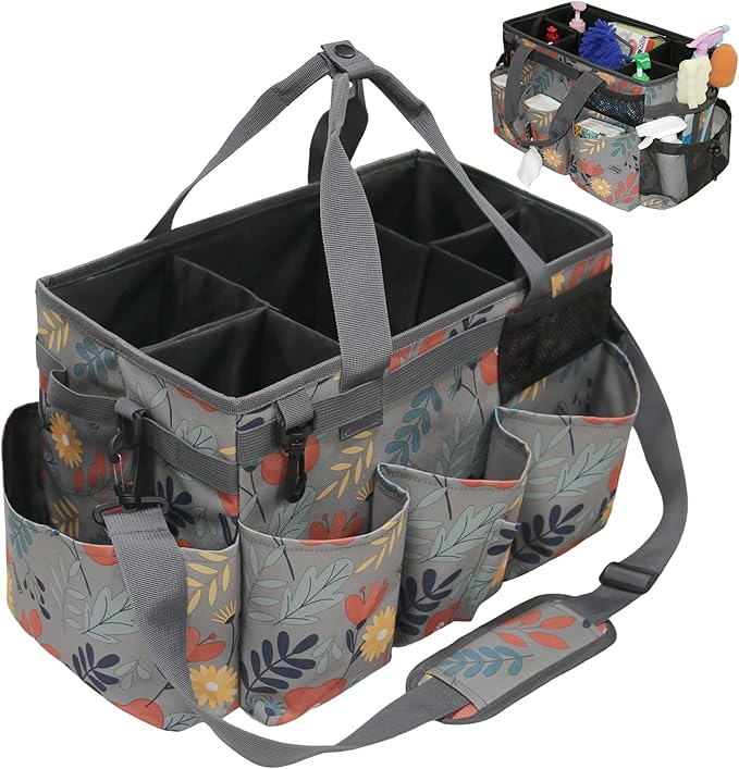 Wearable Cleaning Caddy Bag, Kitchen Supplies Organizer with Handle&Shoulder Strap, Under Sink&Car Cleaning Tool Tote with 4 Foldable Dividers for Housekeepers Cleaners (Grey Floral)