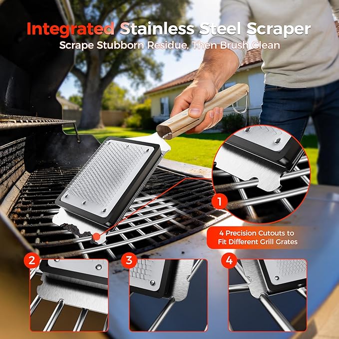 BBQ Grill Brush with U-Shaped Fixed Design, 45° Angled Steel Filaments for Deep Cleaning, Wooden Handle Grate Cleaner with Hanging Hook for Gas, Charcoal & Smoker (16 Inch)