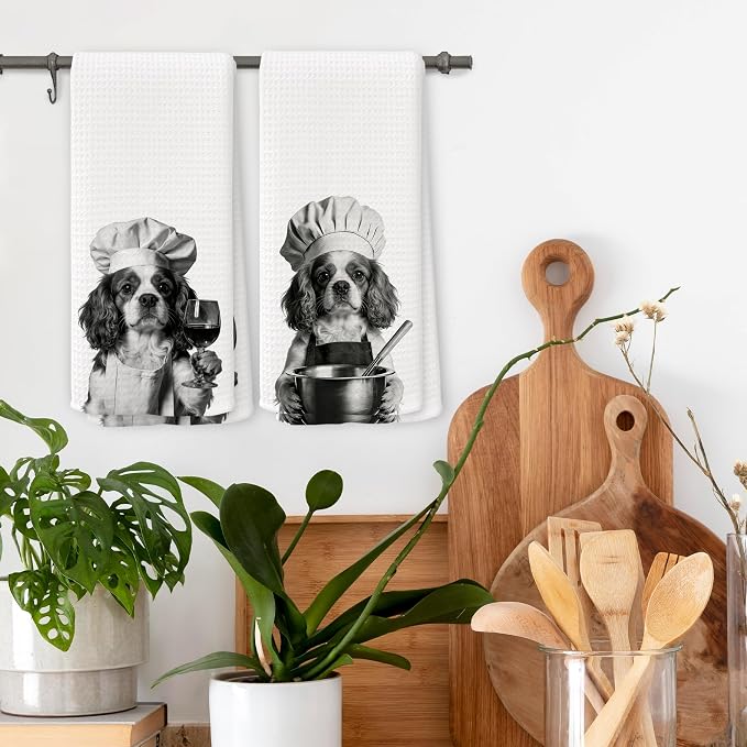 Funny Chef Cavalier King Charles Spaniel Kitchen Towels Set of 2, Dog Charles Spaniel Gifts for Women Dish Tea Towels for Kitchen, Dog Mom Lovers Owner Gifts Decorative Hand Towel, 16x24 Inch