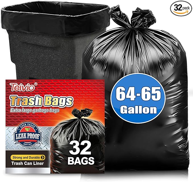 Teivio Large Black Trash Bags 64-65 Gallon 32 Counts Industrial Sturdy Garbage Bags, Extra Large Lawn and Leaf Bags Outdoor Commercial Trash Can Liner for Construction Sites, Workshops, Backyard