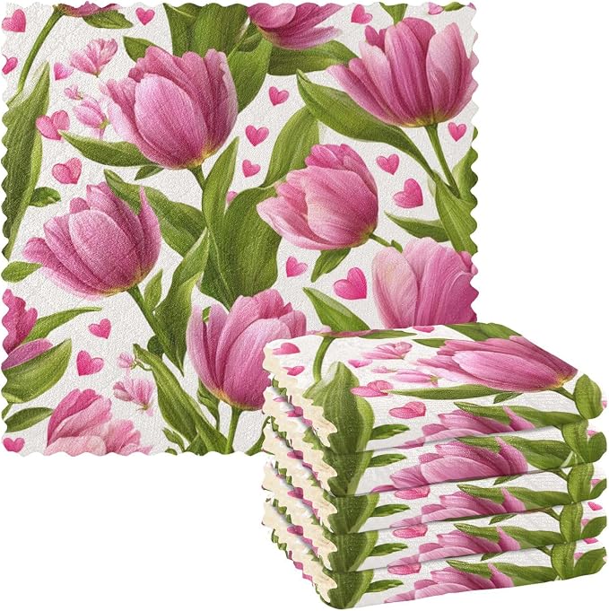 Pink Fresh Tulips and Hearts Kitchen Towels Dish Cloths Set of 6 Microfiber Cleaning Cloths for Cars Super Absorbent Machine