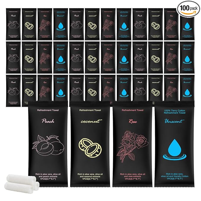 Moist Cotton Towel Bulk Moist Towelettes Individually Wrapped 8.7"x 8.7",White Towel Services,Refreshment Pre Moistened Towels Peach,Rose,Coconut and Unscented for Sport Party Spa(pack of 100)